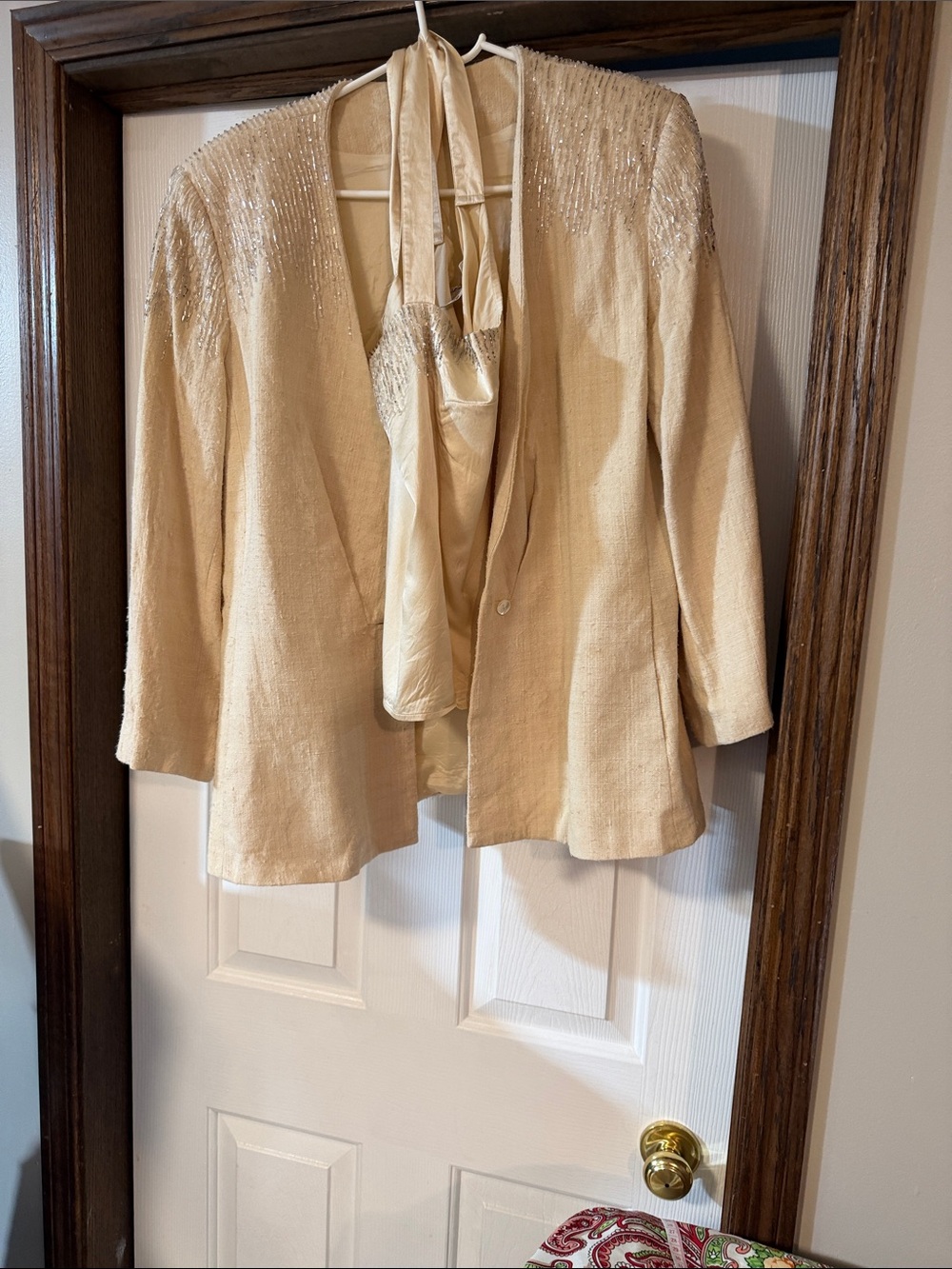 Vintage linen Cream Evening Jacket with Beaded Shoulders plus silk top beaded